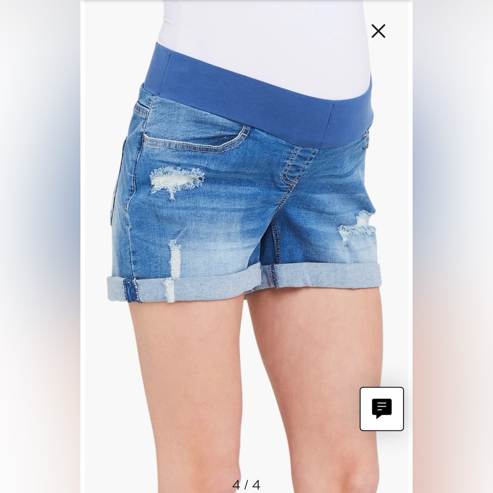 Ripe Maternity Distressed Denim Shorts with Blue Waistband
